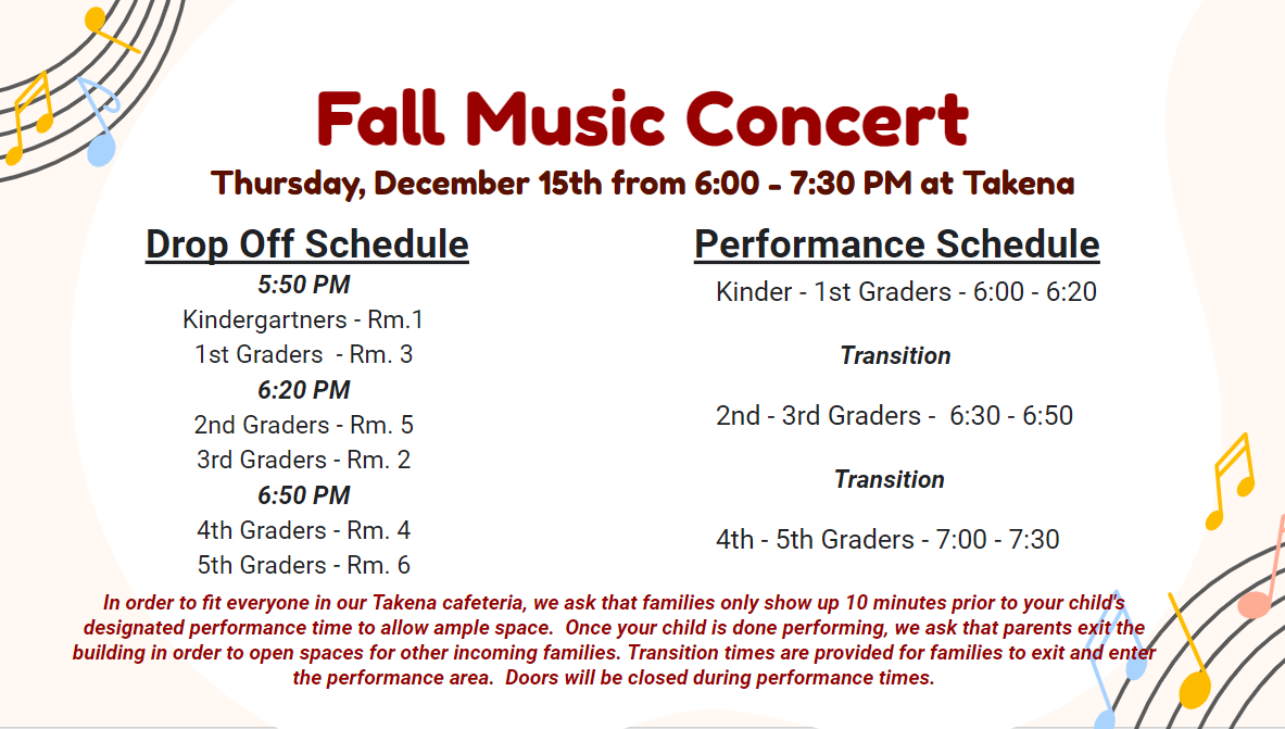 Fall Music Concert December 15th, 6:00 - 7:30 PM